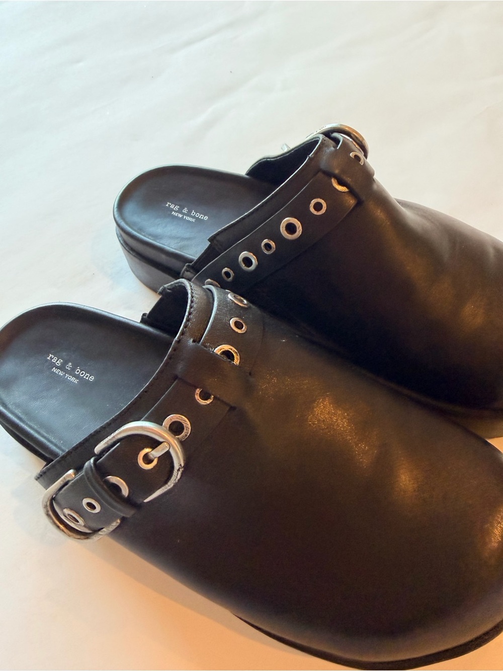 Rag & Bone Black Leather Buckle Grommet Clogs Mules Size 39 NWOT - Picture 5 of 12